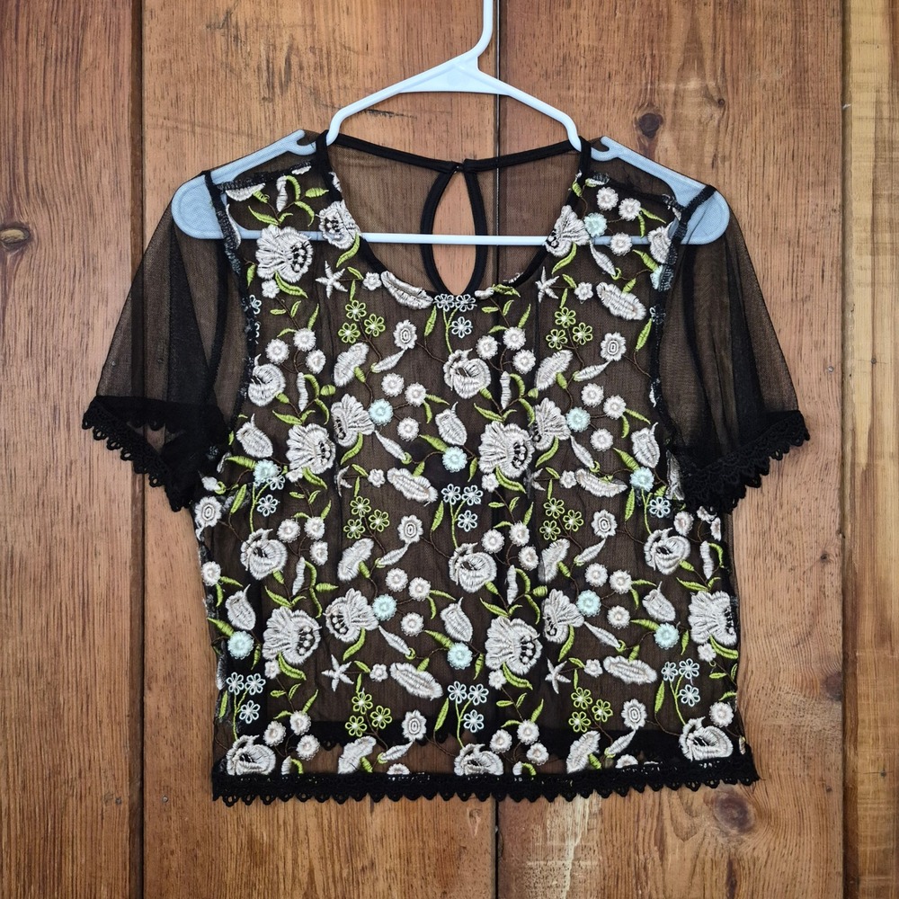 Black Sheer Mesh Floral Embroidered Crop Top Short Sleeve Lace Trim Boho